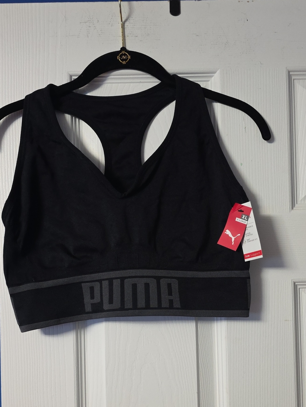 Puma Black Seamless Racerback Sports Bra with Gray Logo Band